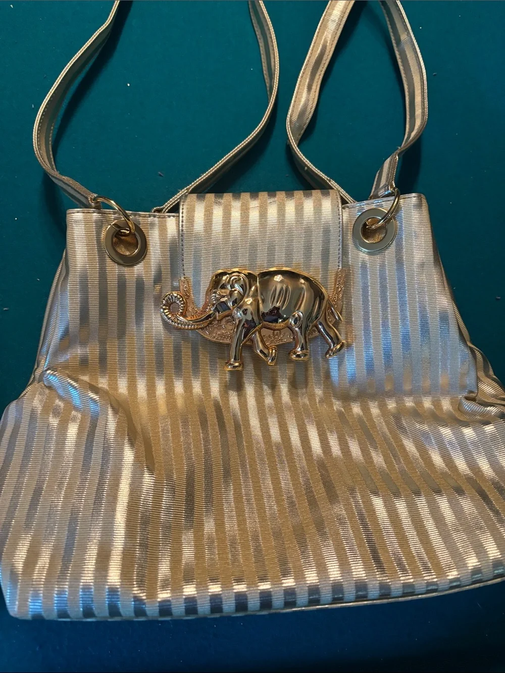Gold Metallic Stripe Tote with Elephant Accent